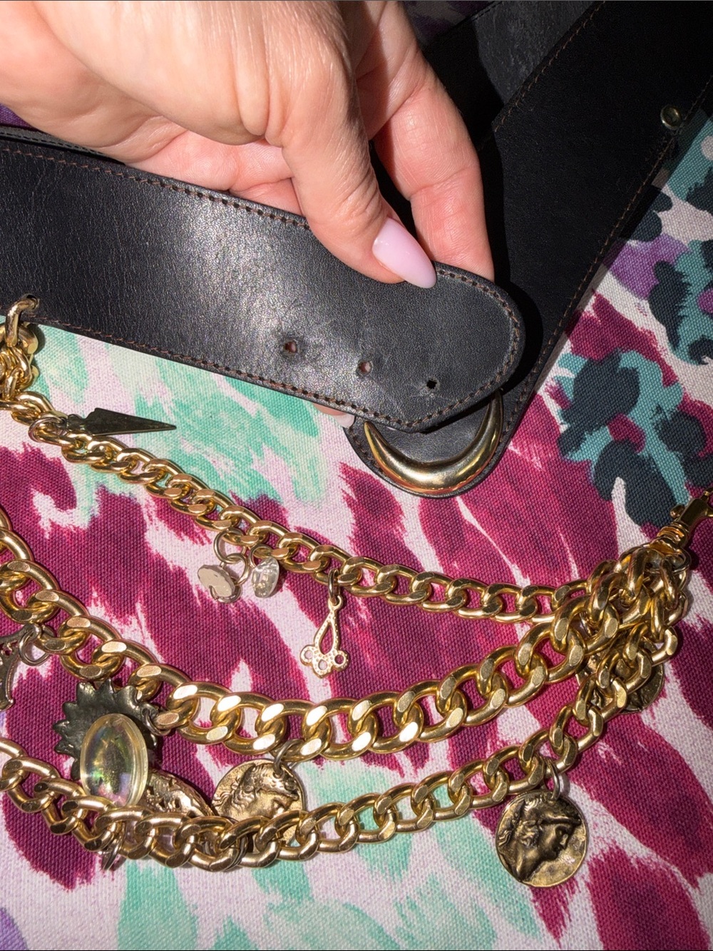 Byblos Black Leather Waist Belt with Gold Crescent and Chain Charms - Picture 7 of 8